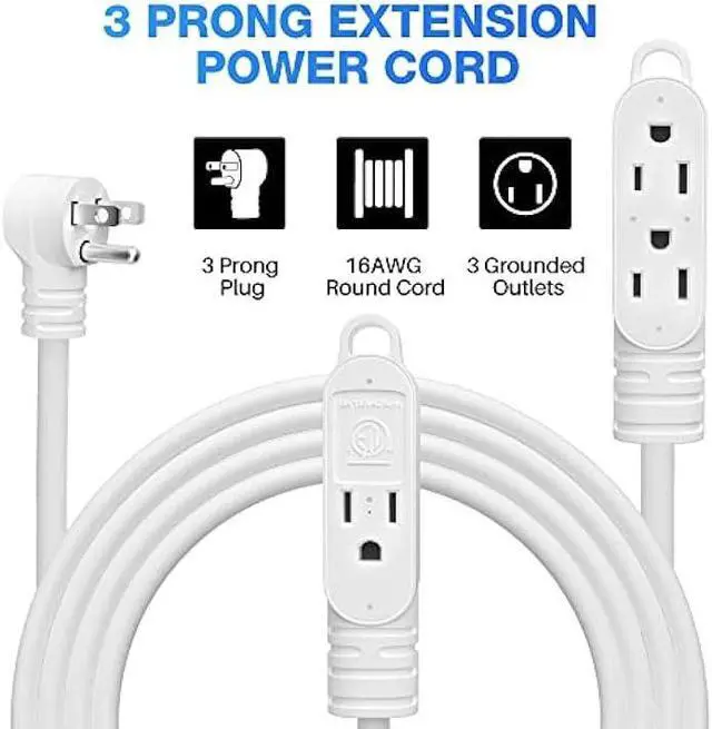 Alt view image 2 of 7 - 3 Prong Extension Cord with Multiple Outlets 10 Feet, 16 Gauge Grounded Power Cord, Angled Plug, 16AWG Wire (13A 125V 1625W), ETL Listed, Power Strip, Power Splitter, White Electrical Cable