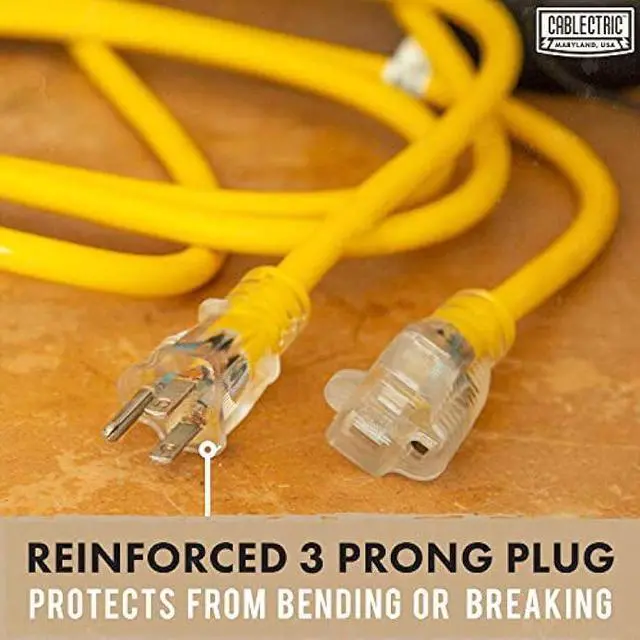 Alt view image 3 of 7 - Cablectric 50 Ft Outdoor Extension Cord - 10/3 SJTW Heavy Duty Yellow 10 Gauge Lighted Electrical Cable with 3 Prong Grounded Plug