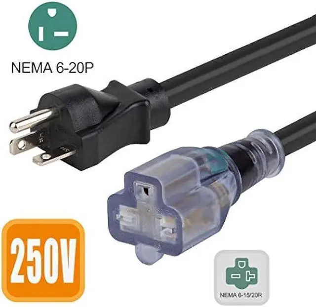 Alt view image 2 of 5 - 10-Feet (3.0 Meter) 20 Amp-250 Volt Nema 6-20P Extension Cord, 12AWG Nema 6-20 Heavy Duty Extension Cable, Nema 6-15/20R T-Blade Cord with Red Indicator Light, Black Color for Air Conditioner Etc.