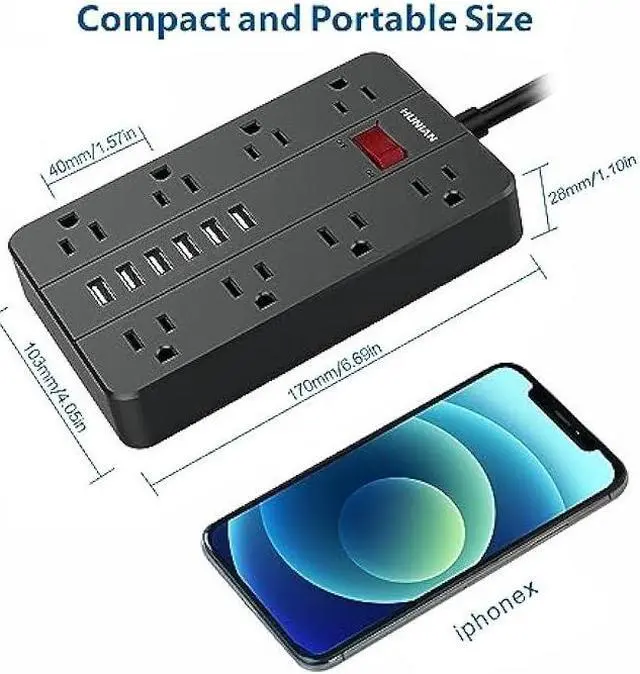 Alt view image 2 of 7 - Power Strip with 6 USB,HUNIAN 5 Ft Extension Cord Flat Plug with 8 Widely Spaced Outlets Overload Protection Indoor Desk Charging Station Surge Protector for Home and Office Accessories, Black