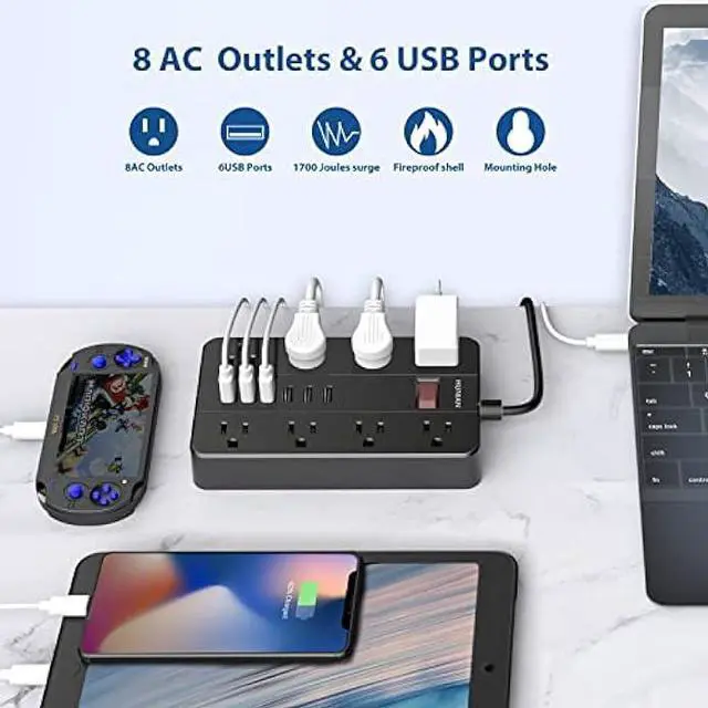 Alt view image 3 of 7 - Power Strip with 6 USB,HUNIAN 5 Ft Extension Cord Flat Plug with 8 Widely Spaced Outlets Overload Protection Indoor Desk Charging Station Surge Protector for Home and Office Accessories, Black