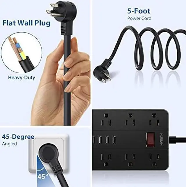 Alt view image 6 of 7 - Power Strip with 6 USB,HUNIAN 5 Ft Extension Cord Flat Plug with 8 Widely Spaced Outlets Overload Protection Indoor Desk Charging Station Surge Protector for Home and Office Accessories, Black