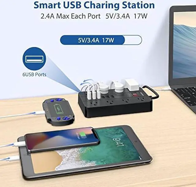 Alt view image 4 of 7 - Power Strip with 6 USB,HUNIAN 5 Ft Extension Cord Flat Plug with 8 Widely Spaced Outlets Overload Protection Indoor Desk Charging Station Surge Protector for Home and Office Accessories, Black