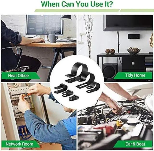 Alt view image 5 of 6 - Cable Clips for Cable Management Cord Organizer, 6 Sizes 300 PCS Nylon R-Type, 3/16'' 1/4'' 3/8'' 1/2'' 3/4'' 1'' Black Plastic Screw Mounting Cord Fastener Clamp Assortment Kit with M4 Screws