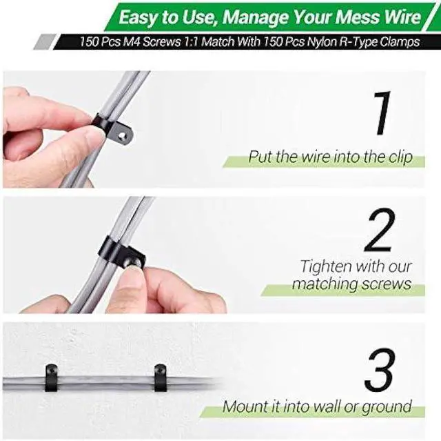 Alt view image 6 of 6 - Cable Clips for Cable Management Cord Organizer, 6 Sizes 300 PCS Nylon R-Type, 3/16'' 1/4'' 3/8'' 1/2'' 3/4'' 1'' Black Plastic Screw Mounting Cord Fastener Clamp Assortment Kit with M4 Screws