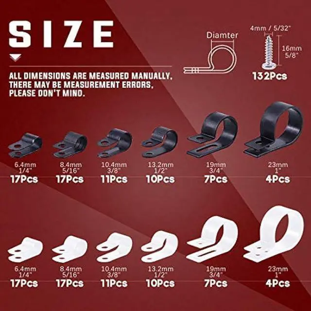 Alt view image 2 of 7 - Hilitchi 132 Pcs 6 Sizes Black and White Plastic Cable Clamp R Type Screw Mounting Cord Fastener Cable Clips Assortment Kit with Screws for Wire Management Cable Conduit (Clips from 6mm to 23mm)