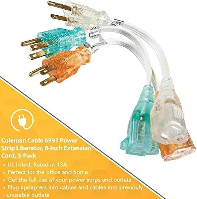 Alt view image 4 of 6 - Coleman Cable 6991 16/3 3Pc 8in. Household Cube Tap Extension Cords