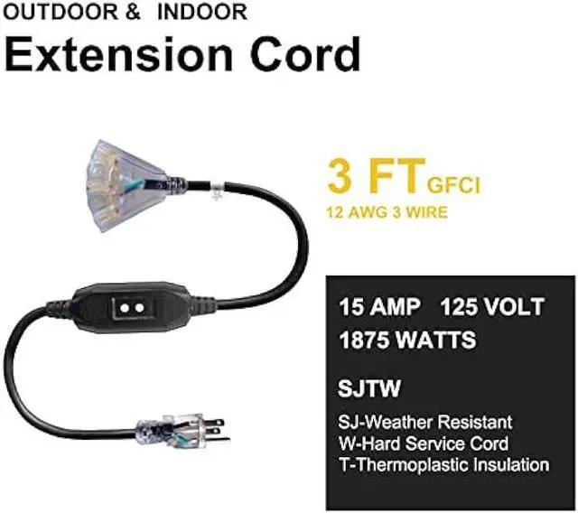Alt view image 2 of 7 - GREATIDE 3 Ft Outdoor GFCI Lighted Extension Cord with 3 Power Outlets, 15 Amp 12/3 SJTW Heavy Duty Black Pigtail Extension Cable with 3 Prong Grounded Plug for Safety, UL Listed