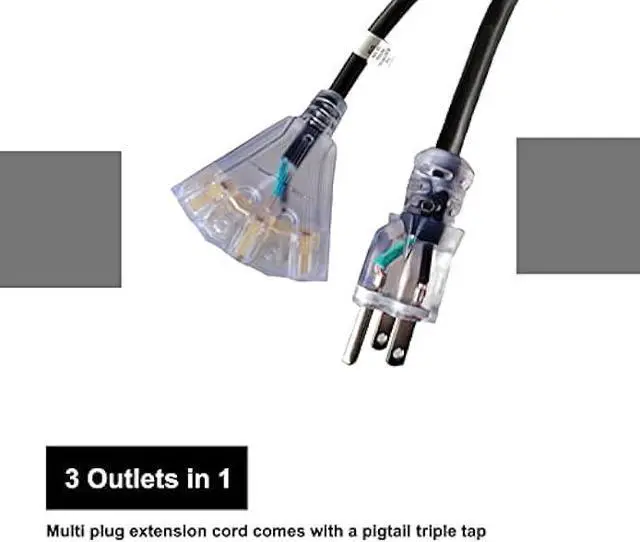 Alt view image 3 of 7 - GREATIDE 3 Ft Outdoor GFCI Lighted Extension Cord with 3 Power Outlets, 15 Amp 12/3 SJTW Heavy Duty Black Pigtail Extension Cable with 3 Prong Grounded Plug for Safety, UL Listed