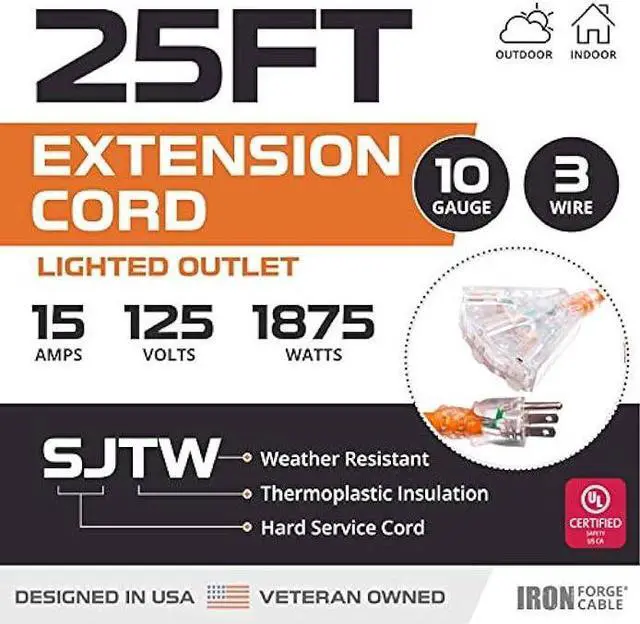 Alt view image 2 of 6 - Iron Forge Cable 10 Gauge 25ft Lighted Outdoor Heavy Duty Extension Cord with 3 Outlets - 15 Amp 10/3 SJTW Orange Extension Cord with Multiple Outlets
