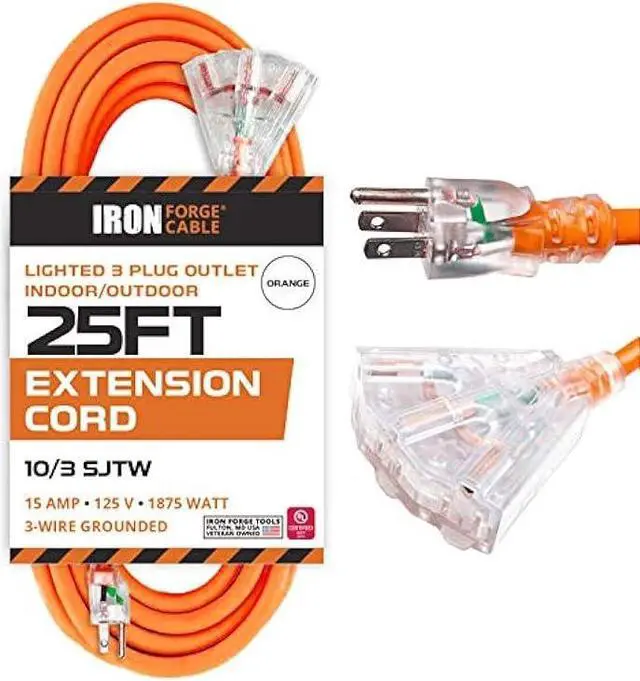 Main image of Iron Forge Cable 10 Gauge 25ft Lighted Outdoor Heavy Duty Extension Cord with 3 Outlets - 15 Amp 10/3 SJTW Orange Extension Cord with Multiple Outlets
