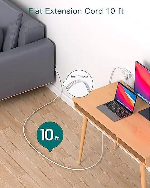Alt view image 3 of 7 - Flat Extension Cord 10 ft - Addtam Flat Plug Power Strip with 6 Outlets Extender, No Surge Protector for Cruise Ship, Dorm Room Travel Essentials, ETL Listed