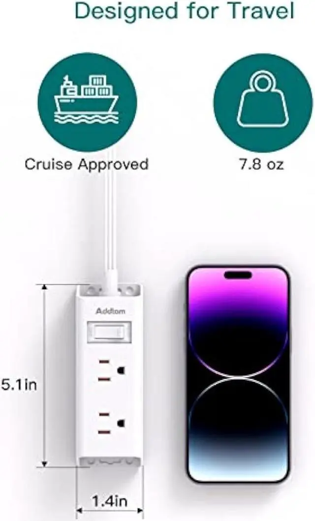 Alt view image 6 of 7 - Flat Extension Cord 10 ft - Addtam Flat Plug Power Strip with 6 Outlets Extender, No Surge Protector for Cruise Ship, Dorm Room Travel Essentials, ETL Listed