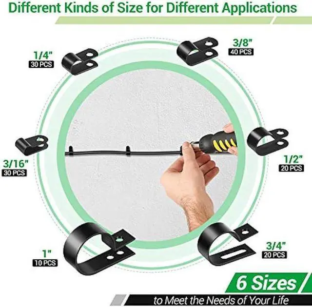 Alt view image 2 of 6 - Cable Clips for Cable Management Cord Organizer, 6 Sizes 300 PCS Nylon R-Type, 3/16'' 1/4'' 3/8'' 1/2'' 3/4'' 1'' Black Plastic Screw Mounting Cord Fastener Clamp Assortment Kit with M4 Screws