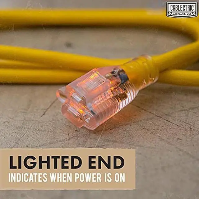 Alt view image 6 of 7 - Cablectric 50 Ft Outdoor Extension Cord - 10/3 SJTW Heavy Duty Yellow 10 Gauge Lighted Electrical Cable with 3 Prong Grounded Plug