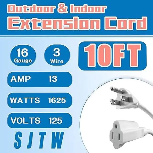 Alt view image 2 of 6 - Indoor Outdoor Extension Cord 10 FT, 16/3 SJTW Weatherproof White Electrical Cords, 13 AMP Heavy Duty 3 Prong Power Cable Great for Garden, Landscaping & Holiday Decorations