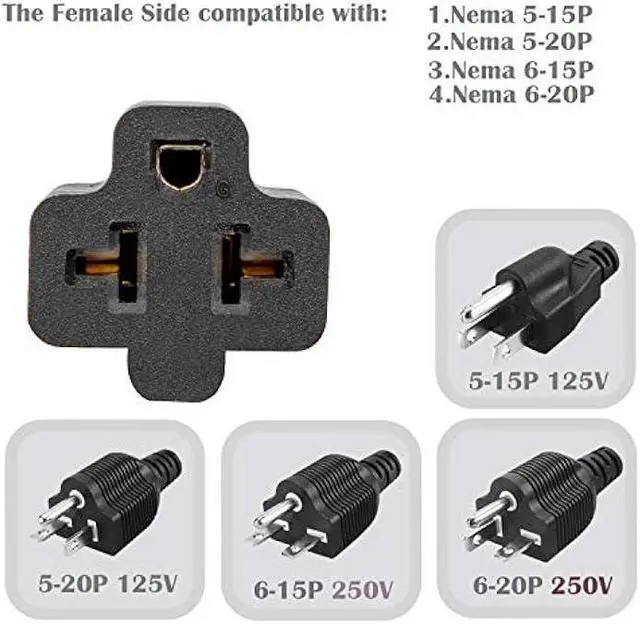 Alt view image 2 of 6 - Angled [4-in-1] 12AWG 15 Amp Household Plug to 20 Amp T Blade Adapter Cable,5-15P to 5-20R,5-15P to 6-15R,5-15P to 6-20R, Four-in-One Adapter,15A 125V to 20A 250V/ 20A 250V Cable, 1FT