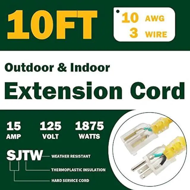 Alt view image 2 of 6 - GREATIDE 10 Ft Lighted Outdoor Extension Cord - 10/3 SJTW Heavy Duty Yellow Extension Cable with 3 Prong Grounded Plug for Safety, UL Listed