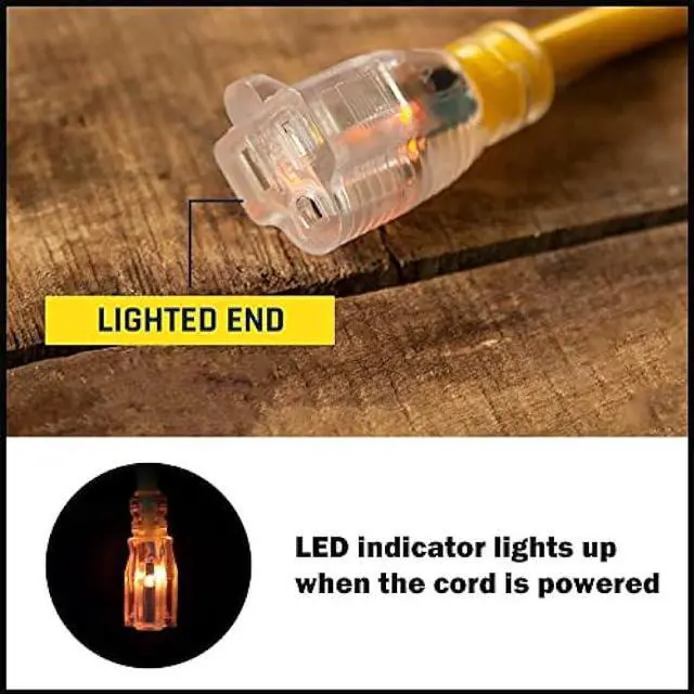 Alt view image 3 of 6 - GREATIDE 10 Ft Lighted Outdoor Extension Cord - 10/3 SJTW Heavy Duty Yellow Extension Cable with 3 Prong Grounded Plug for Safety, UL Listed