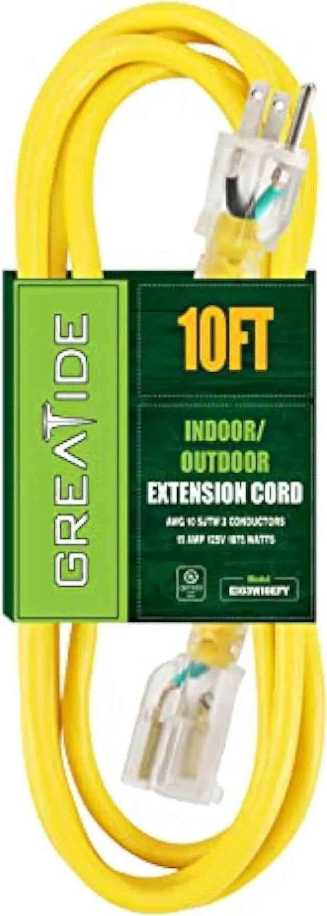 Main image of GREATIDE 10 Ft Lighted Outdoor Extension Cord - 10/3 SJTW Heavy Duty Yellow Extension Cable with 3 Prong Grounded Plug for Safety, UL Listed