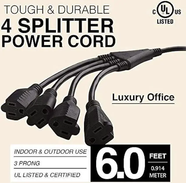 Alt view image 2 of 6 - 4 Way Power Splitter  1 to 4 Cable Strip - 6 Feet - 5 Pack - with 3 Pronged Outlet - Y Style Extension Cord  Black - SJT 16 AWG  by Luxury Office