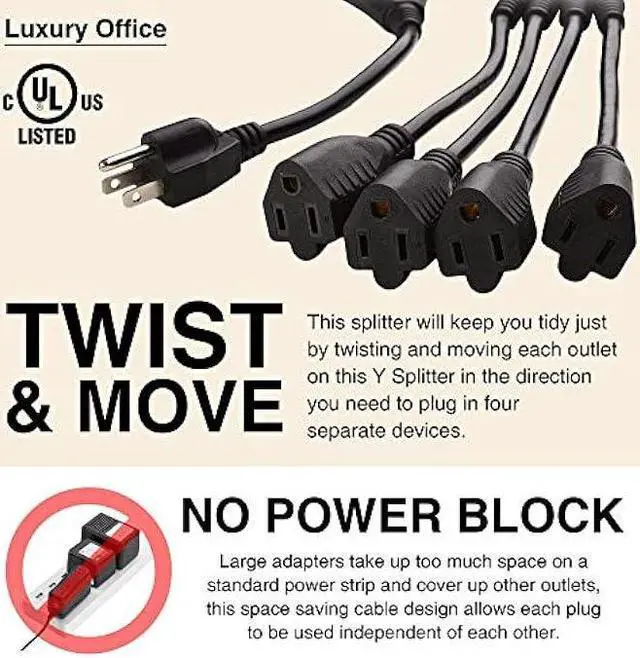Alt view image 4 of 6 - 4 Way Power Splitter  1 to 4 Cable Strip - 6 Feet - 5 Pack - with 3 Pronged Outlet - Y Style Extension Cord  Black - SJT 16 AWG  by Luxury Office