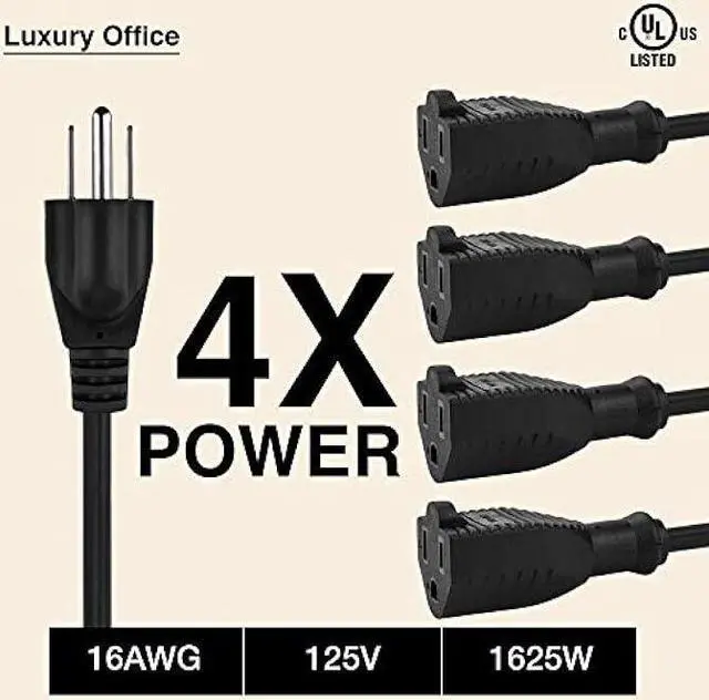 Alt view image 3 of 6 - 4 Way Power Splitter  1 to 4 Cable Strip - 6 Feet - 5 Pack - with 3 Pronged Outlet - Y Style Extension Cord  Black - SJT 16 AWG  by Luxury Office