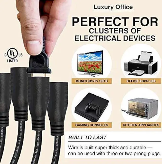 Alt view image 5 of 6 - 4 Way Power Splitter  1 to 4 Cable Strip - 6 Feet - 5 Pack - with 3 Pronged Outlet - Y Style Extension Cord  Black - SJT 16 AWG  by Luxury Office