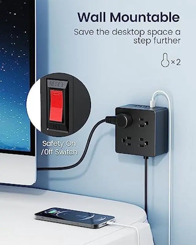 Alt view image 3 of 5 - 5ft Power Strip, SUPERDANNY Surge Protector 900 Joules, 4-Outlet 4-USB Extension Cord, Overload Switch, Grounded, Mountable, Desktop Charging Station for Home, Office, School, Dorm, Computer, Black