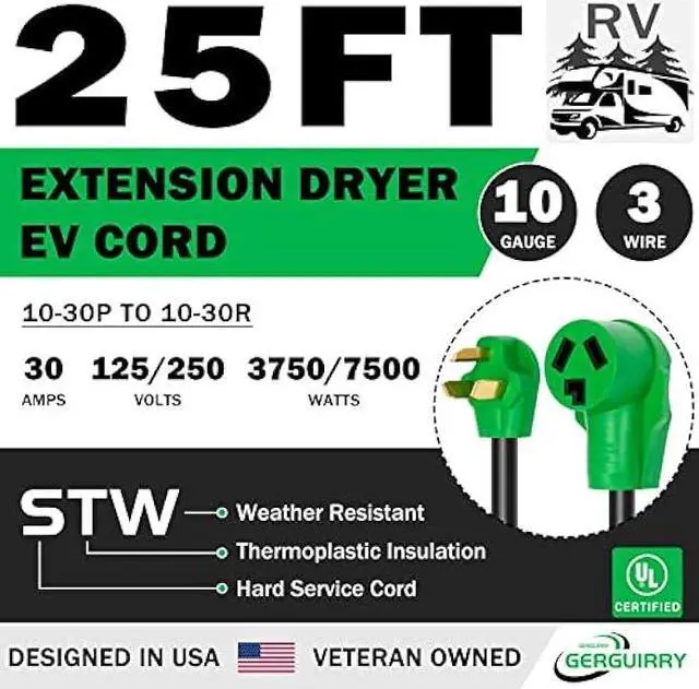 Alt view image 3 of 7 - Gerguirry 3 Prong 25 Feet Dryer Extension Cord, 30 Amp NEMA 10-30P to 10-30R Heavy Duty Cord, Use for Dryer Power Extension and Level 2 EV Charging, 125V/250V 7500W 10-AWG Gauge, UL Listed