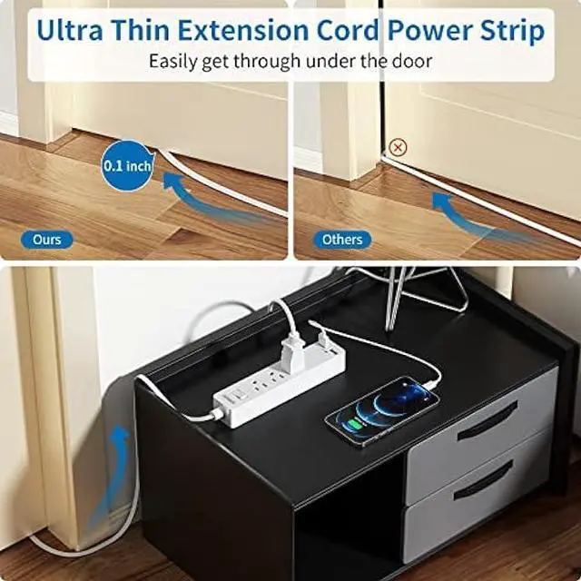 Alt view image 3 of 6 - NTONPOWER Extension Cord 10 Ft, Flat Extension Cord Under Carpet, Rug, Door, Flat Plug Power Strip with 3 Outlets 2 USB, Wall Mount, Overload Protection for Indoor Office Home Dorm Room Essentials