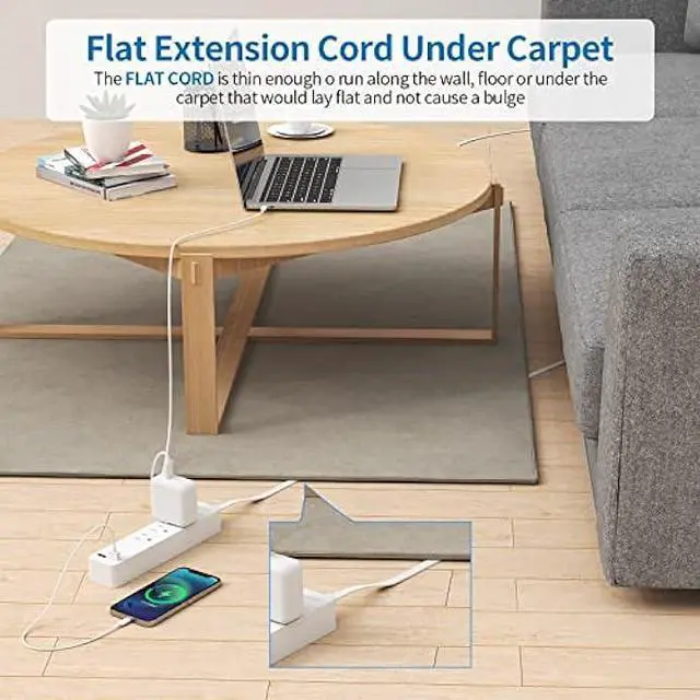 Alt view image 2 of 6 - NTONPOWER Extension Cord 10 Ft, Flat Extension Cord Under Carpet, Rug, Door, Flat Plug Power Strip with 3 Outlets 2 USB, Wall Mount, Overload Protection for Indoor Office Home Dorm Room Essentials