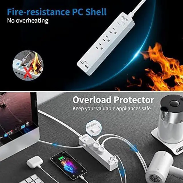 Alt view image 6 of 6 - NTONPOWER Extension Cord 10 Ft, Flat Extension Cord Under Carpet, Rug, Door, Flat Plug Power Strip with 3 Outlets 2 USB, Wall Mount, Overload Protection for Indoor Office Home Dorm Room Essentials