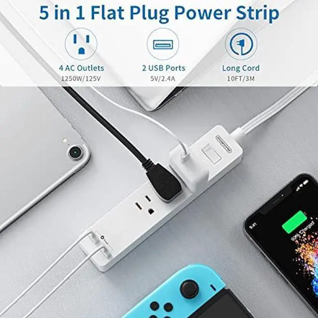 Alt view image 4 of 6 - NTONPOWER Extension Cord 10 Ft, Flat Extension Cord Under Carpet, Rug, Door, Flat Plug Power Strip with 3 Outlets 2 USB, Wall Mount, Overload Protection for Indoor Office Home Dorm Room Essentials