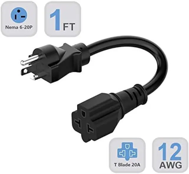 Alt view image 2 of 7 - 1-Foot 20 AMP Nema 6-20P Extension Cord 12AWG Nema 6-20 Heavy Duty Extension Power Cord 1FT,Nema 6-20P to 5-20R,6-20P to 6-15R/20R 20AMP T-Blade Adapter Cable,20A 250V Plug Adapter Cable