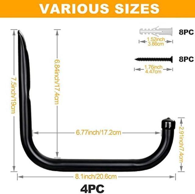 Alt view image 2 of 7 - KURUI Ladder Hooks for Garage Wall, 4 Pack Large Garage Storage Hanger for Bike Extension Cord Tool Cable, Wall Mount l Utility Hooks with Wall Anchors and Screws, Black Heavy Duty 8 inch Long Hooks