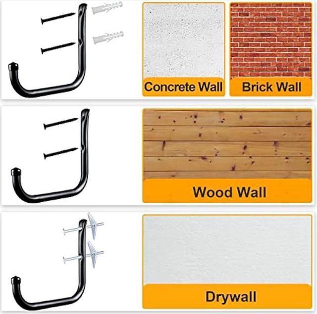 Alt view image 7 of 7 - KURUI Ladder Hooks for Garage Wall, 4 Pack Large Garage Storage Hanger for Bike Extension Cord Tool Cable, Wall Mount l Utility Hooks with Wall Anchors and Screws, Black Heavy Duty 8 inch Long Hooks