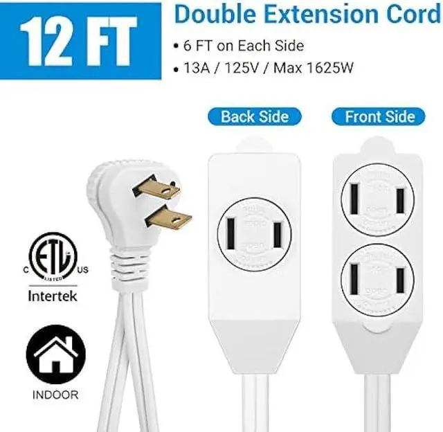 Alt view image 2 of 7 - DEWENWILS 12 Feet Twin Extension Cord Indoor, Flat Extension Cord Split Double Extension Cord Appliance Outlet Power Cable, 6 Polarized Outlets with Safety Cover, ETL Listed, 2 Pack