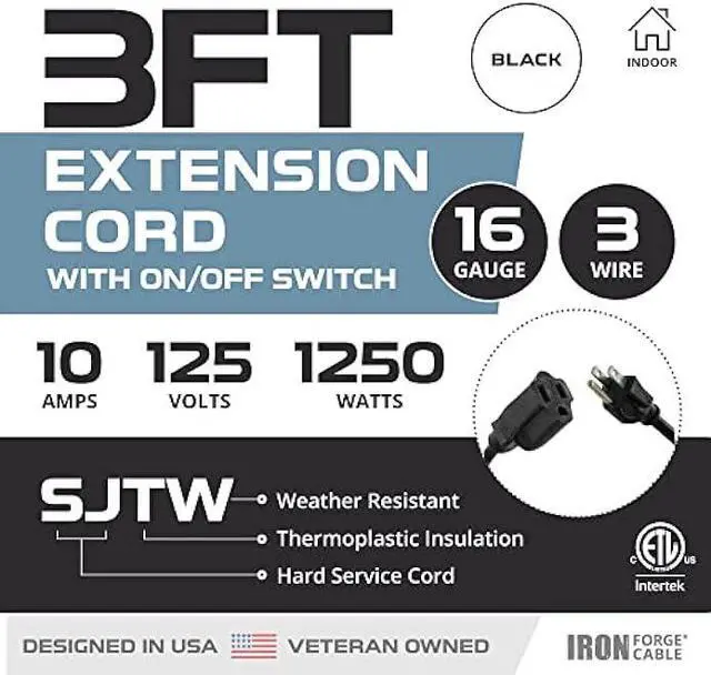 Alt view image 2 of 5 - IRON FORGE CABLE Inline Extension Cord with On-Off Switch 3 FT, 16/3 SJTW Power Switch with 3 Prong - Black Household Outlet Electrical Switch 10 AMP for Indoor & Outdoor - ETL Listed