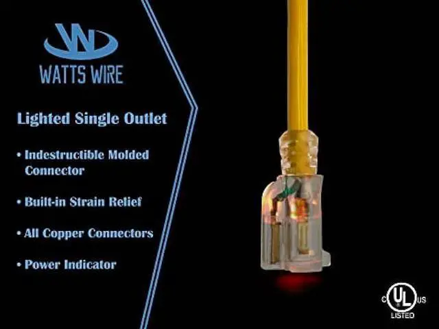 Alt view image 4 of 6 - 10 ft - 12 Gauge Heavy Duty Lighted SJTW Indoor/Outdoor Yellow Extension Cord by Watt's Wire - Short 10' 12-Gauge Grounded 15-Amp Power-Cord (10 Foot 12-Awg Yellow)