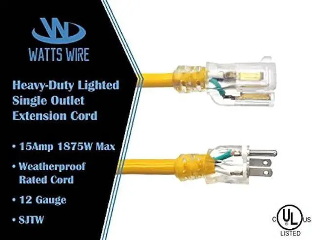 Alt view image 3 of 6 - 10 ft - 12 Gauge Heavy Duty Lighted SJTW Indoor/Outdoor Yellow Extension Cord by Watt's Wire - Short 10' 12-Gauge Grounded 15-Amp Power-Cord (10 Foot 12-Awg Yellow)