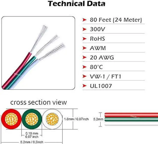 Alt view image 2 of 6 - 80 Feet(24 Meter) 3 Pin LED Extension Wire 20 AWG,for WS2812B WS2811 Addressable Dream Color Tape Light Wiring,3 Conductor Electrical Cable for Digital IC Tape Light,Hook Up Wire