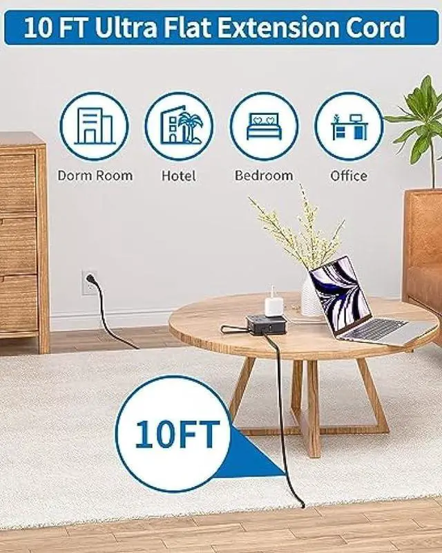 Alt view image 2 of 5 - 10FT Extension Cord, Flat Extension Cord with 8 Widely Outlets 3 USB Ports, Flat Plug Power Strip, 3-Sided Outlet Extender, Wall Mounted Extension Cord with Multiple Outlets for Home Office Dorm Room