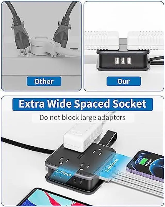 Alt view image 5 of 5 - 10FT Extension Cord, Flat Extension Cord with 8 Widely Outlets 3 USB Ports, Flat Plug Power Strip, 3-Sided Outlet Extender, Wall Mounted Extension Cord with Multiple Outlets for Home Office Dorm Room