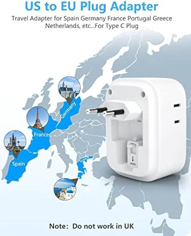 Alt view image 3 of 6 - 2 Pack European Travel Plug Adapter, LENCENT International Type-C Foldable Power Plug with 4 Outlets, USB C Charger Adaptor, US to Most of Europe EU Iceland Spain Italy France Germany, Cruise Approved