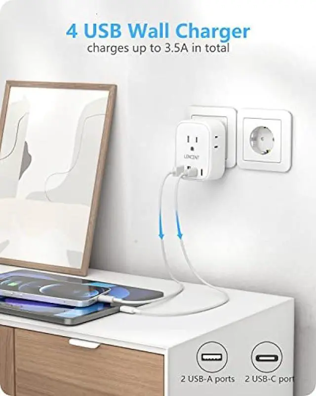 Alt view image 5 of 6 - 2 Pack European Travel Plug Adapter, LENCENT International Type-C Foldable Power Plug with 4 Outlets, USB C Charger Adaptor, US to Most of Europe EU Iceland Spain Italy France Germany, Cruise Approved