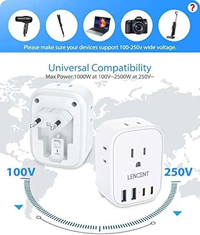 Alt view image 6 of 6 - 2 Pack European Travel Plug Adapter, LENCENT International Type-C Foldable Power Plug with 4 Outlets, USB C Charger Adaptor, US to Most of Europe EU Iceland Spain Italy France Germany, Cruise Approved