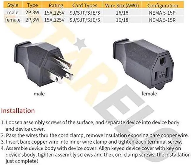 Alt view image 2 of 6 - STARELO Extension Cord Ends 125V 15A 2Pole 3Wire Male Plug and Female Connector Straight Blade Plug Replacement Electrical Extension Cord End(Male & Female 5 Set)