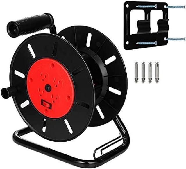 Suraielec Electric Cord Reel, Holds 100 ft 16/3, 14/3 or 75ft 12/3 Gauge  Extension Cord, 15 AMP Breaker, 4 Outlets Metal Stand Storage Power Cable