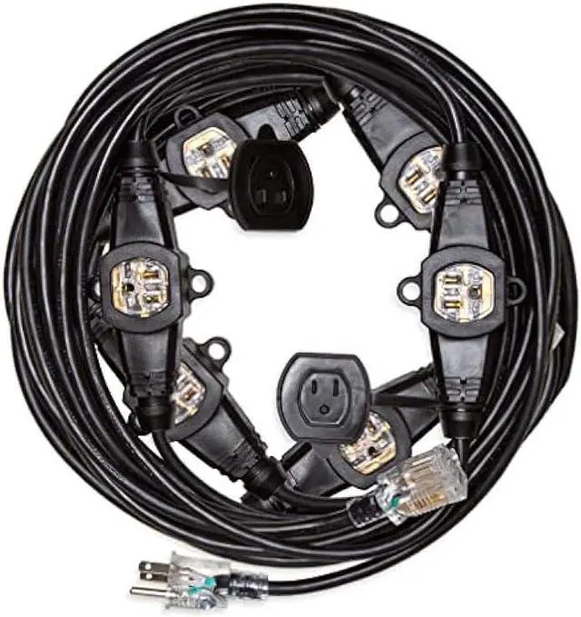 Main image of 50 Ft Outdoor Extension Cord with 7 Evenly Spaced Lighted Power Outlets - 14/3 SJTW Durable Black Cable, 15 AMP
